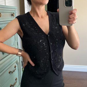 Vintage Hand-beaded black knit vest with buttons size small